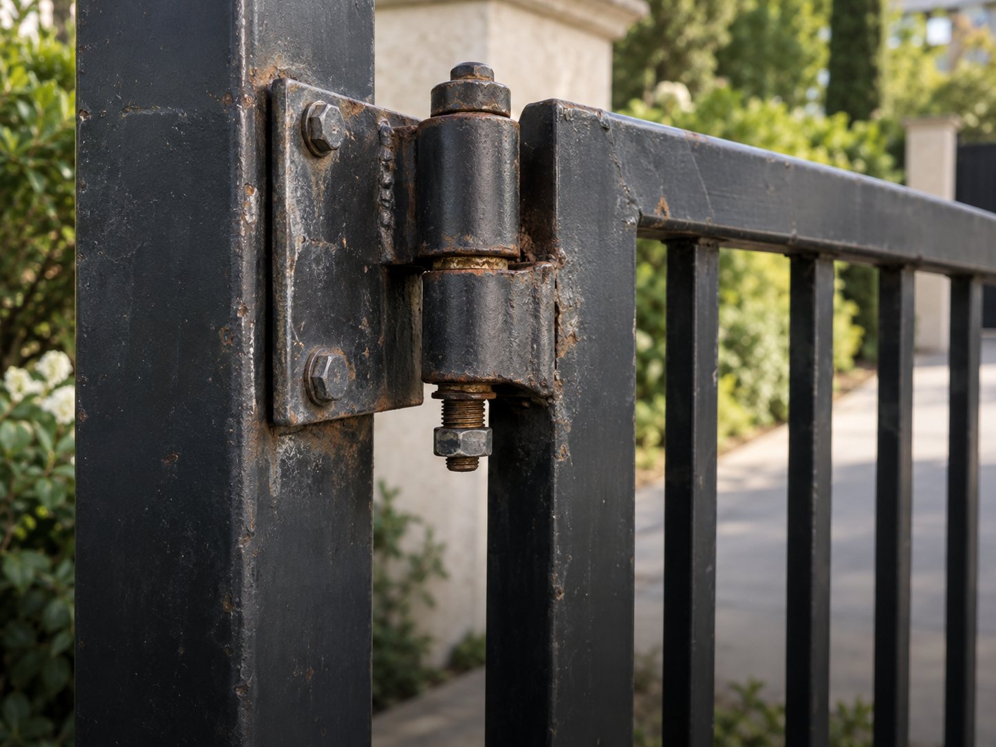 Close-up of a rusted, damaged gate hinge